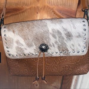 Myra Bags BLOSSOM ETCHED LEATHER & HAIR ON BAG New Purse Pocketbook Crossbody
